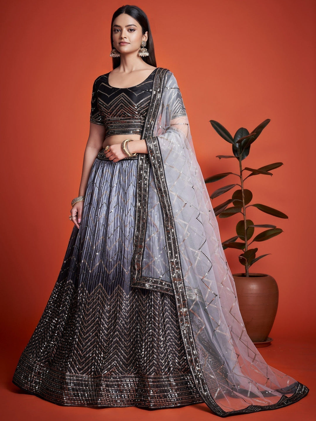 Black Chinon Lehenga Choli | Elegant Party Wear with Dupatta