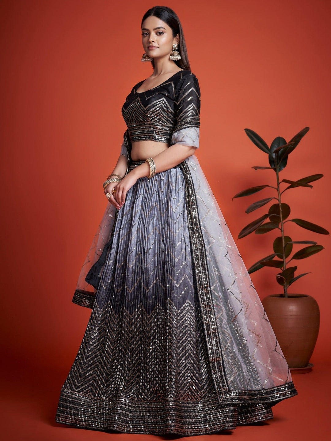 Black Chinon Lehenga Choli | Elegant Party Wear with Dupatta