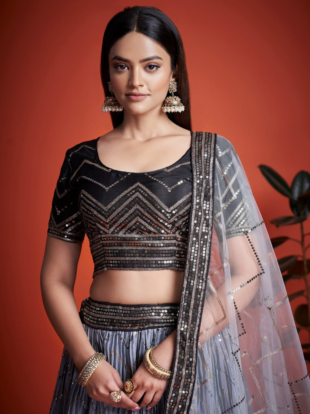 Black Chinon Lehenga Choli | Elegant Party Wear with Dupatta