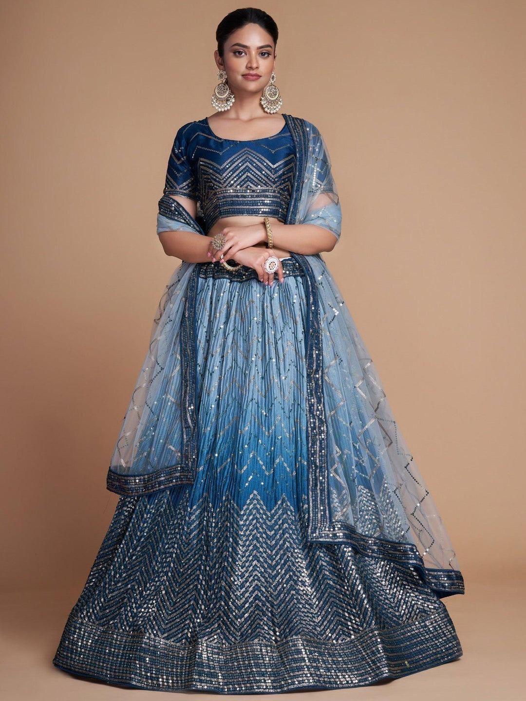 Pretty Blue Chinon Lehenga Choli | Festive Wear with Dupatta & Sequins