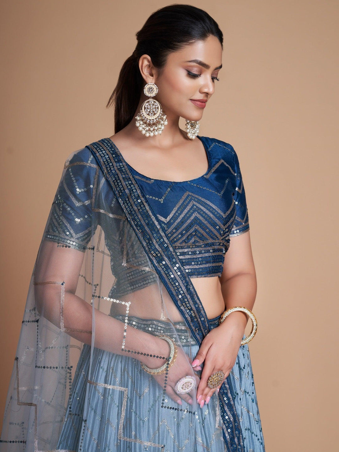 Pretty Blue Chinon Lehenga Choli | Festive Wear with Dupatta & Sequins