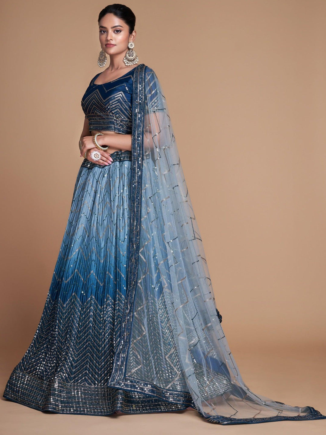 Pretty Blue Chinon Lehenga Choli | Festive Wear with Dupatta & Sequins