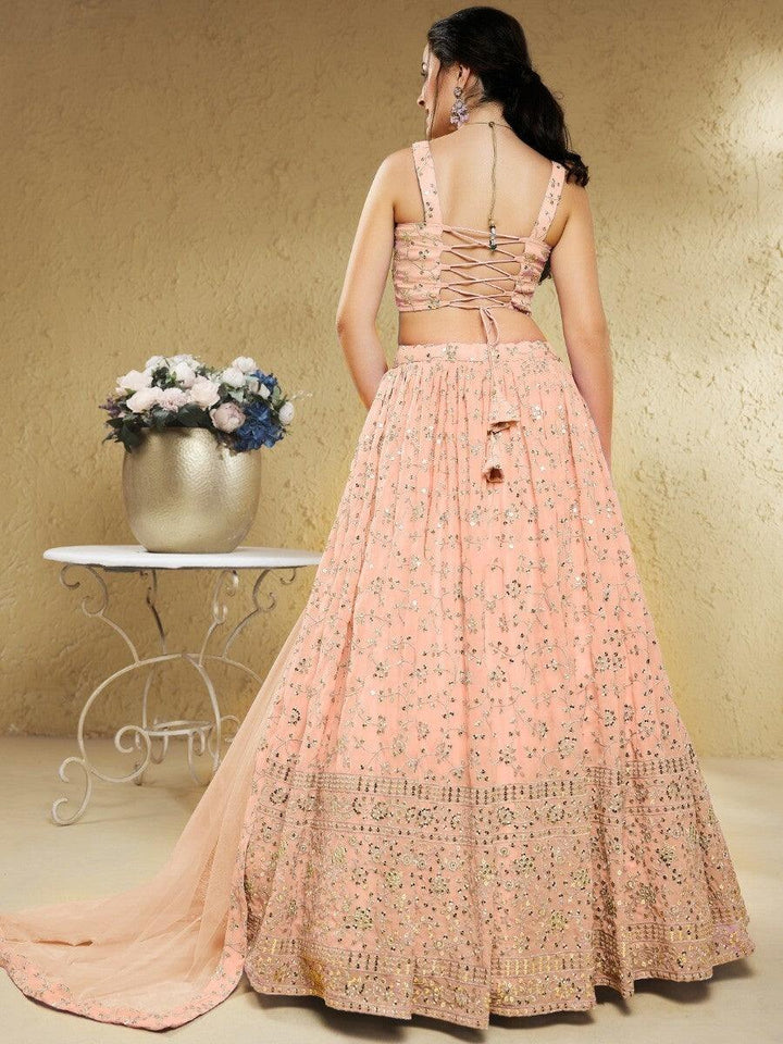 Stunning Peach Lehenga | Georgette with Sequins & Embroidery Details