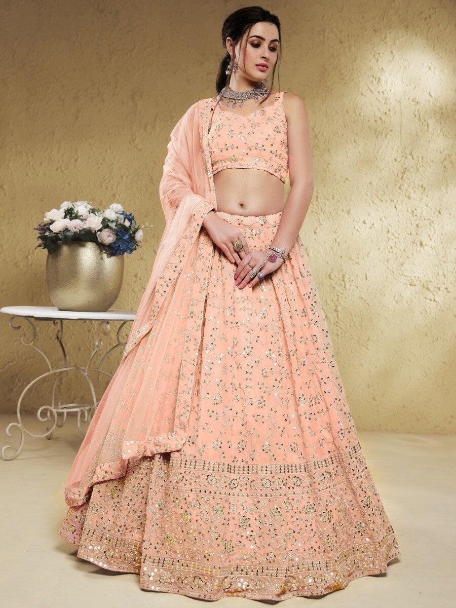 Stunning Peach Lehenga | Georgette with Sequins & Embroidery Details