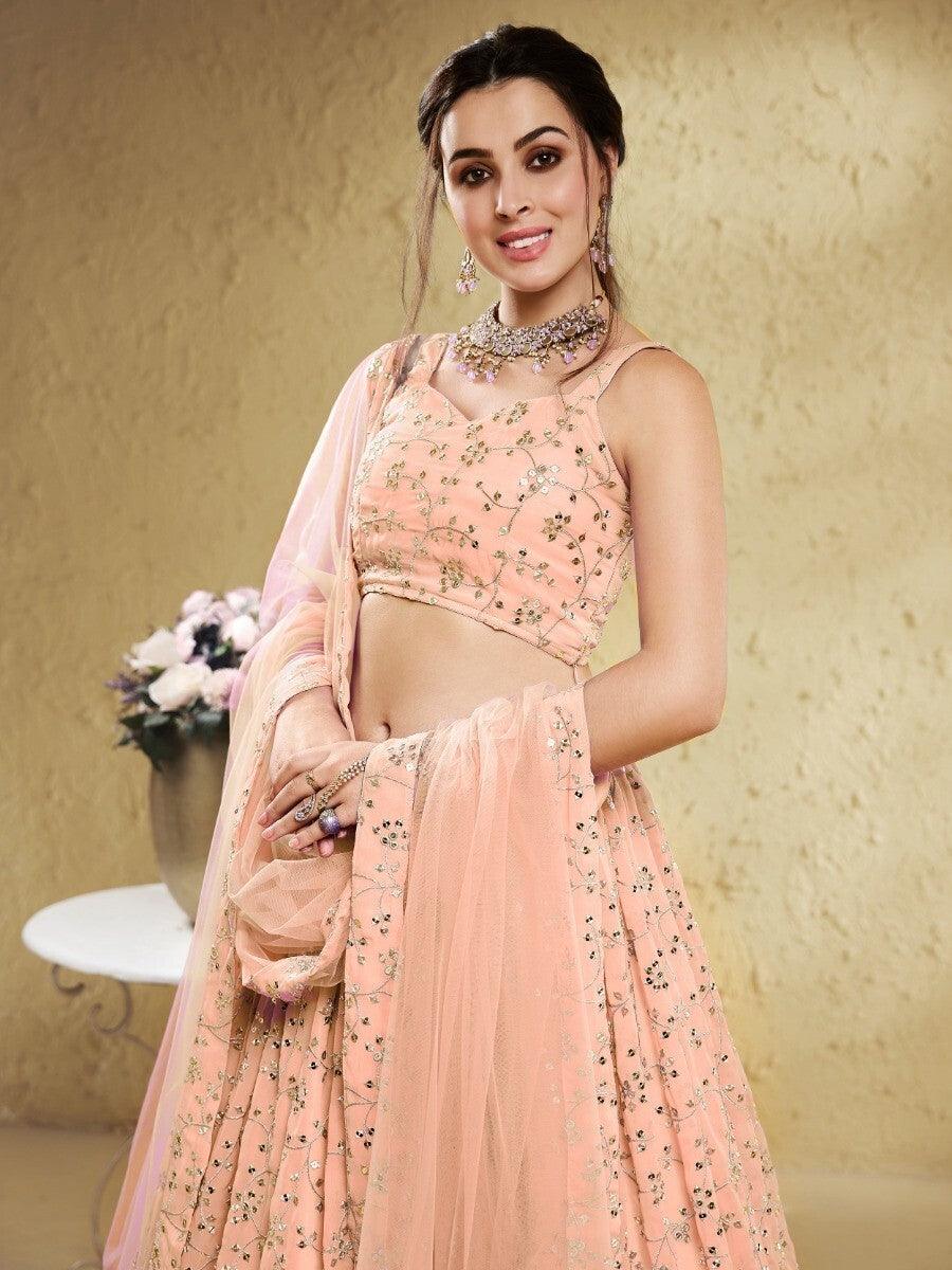 Stunning Peach Lehenga | Georgette with Sequins & Embroidery Details