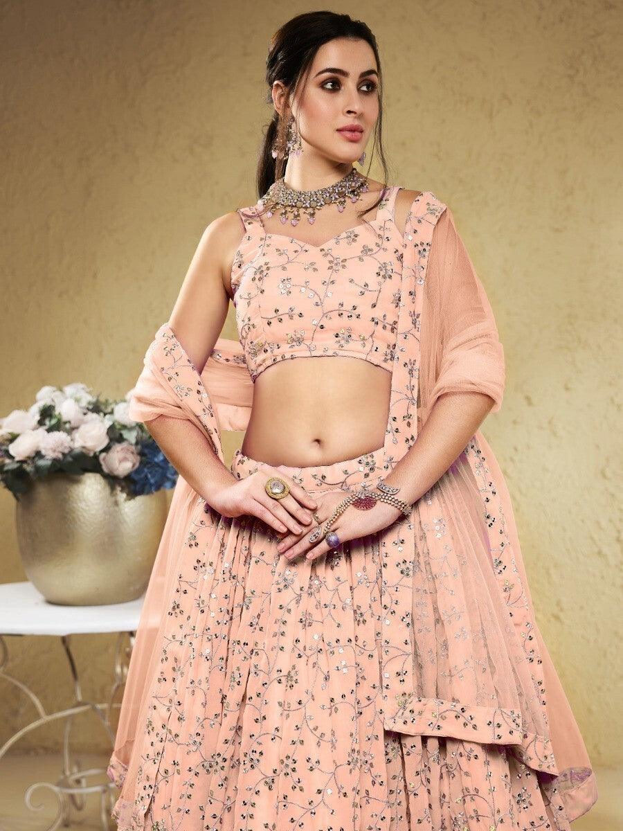 Stunning Peach Lehenga | Georgette with Sequins & Embroidery Details