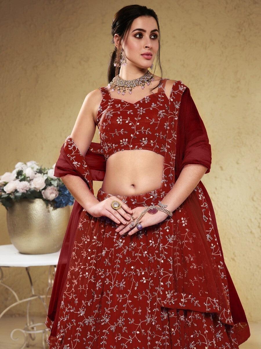 Designer Red Lehenga Choli | Georgette Fabric with Sequins & Thread Work