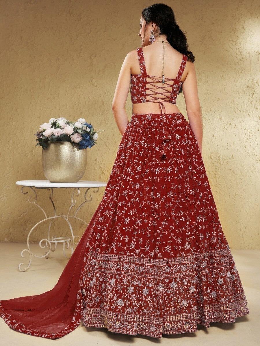 Designer Red Lehenga Choli | Georgette Fabric with Sequins & Thread Work