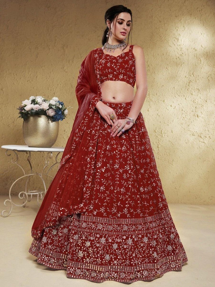 Designer Red Lehenga Choli | Georgette Fabric with Sequins & Thread Work