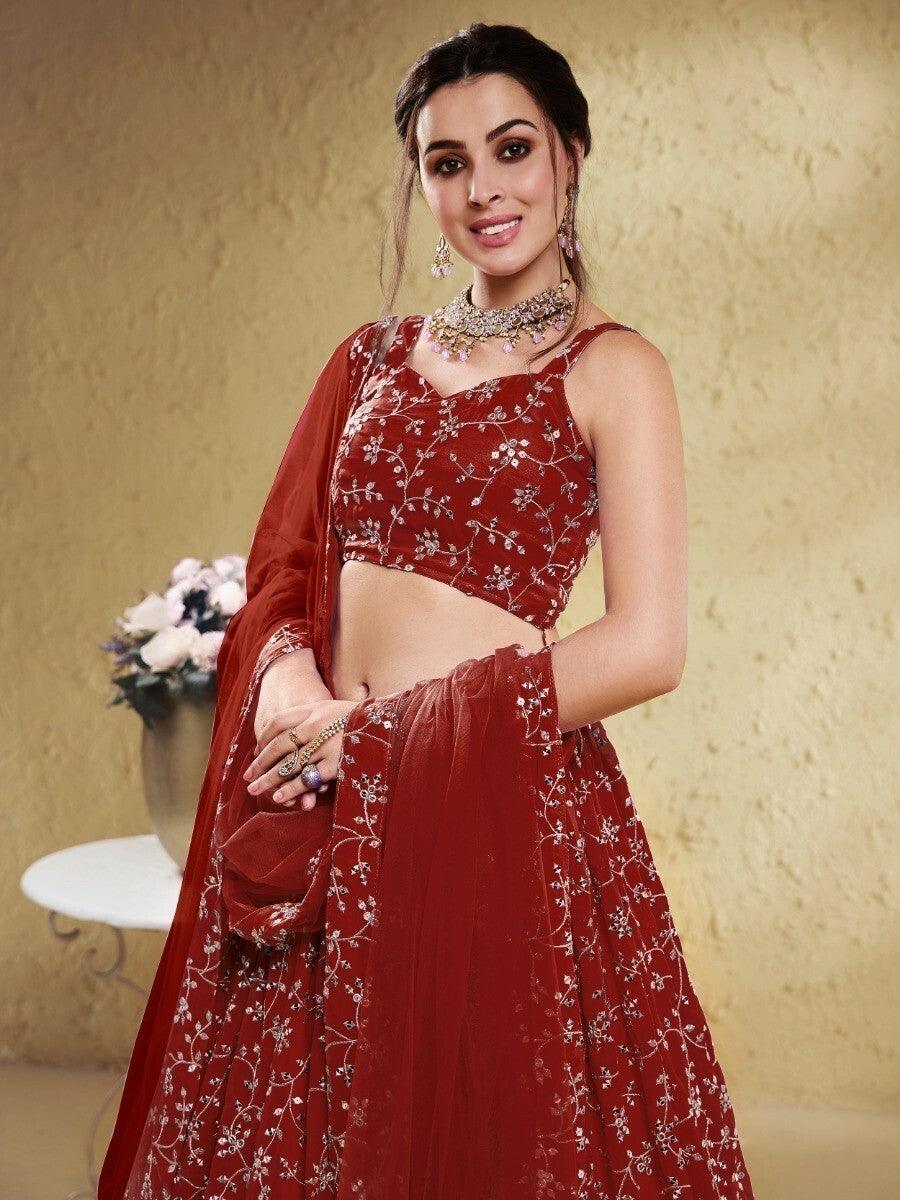 Designer Red Lehenga Choli | Georgette Fabric with Sequins & Thread Work