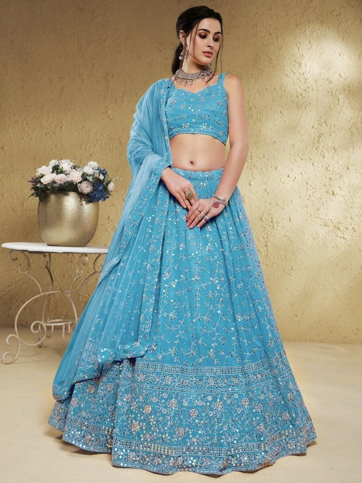 Exquisite Sky-Blue Lehenga Choli | Georgette with Sequin & Thread Embroidery