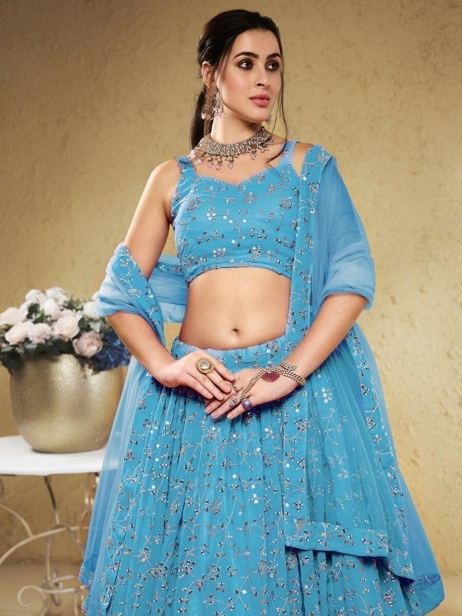 Exquisite Sky-Blue Lehenga Choli | Georgette with Sequin & Thread Embroidery