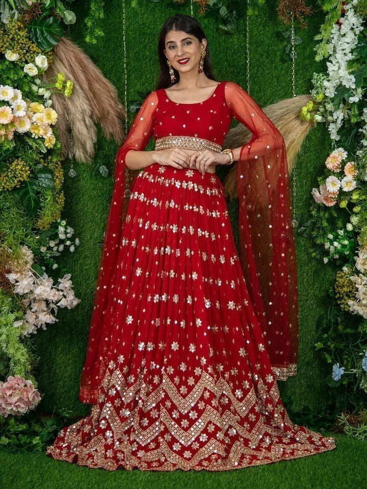 Elegant Red Lehenga Choli | Sequins & Georgette for Weddings and Engagements