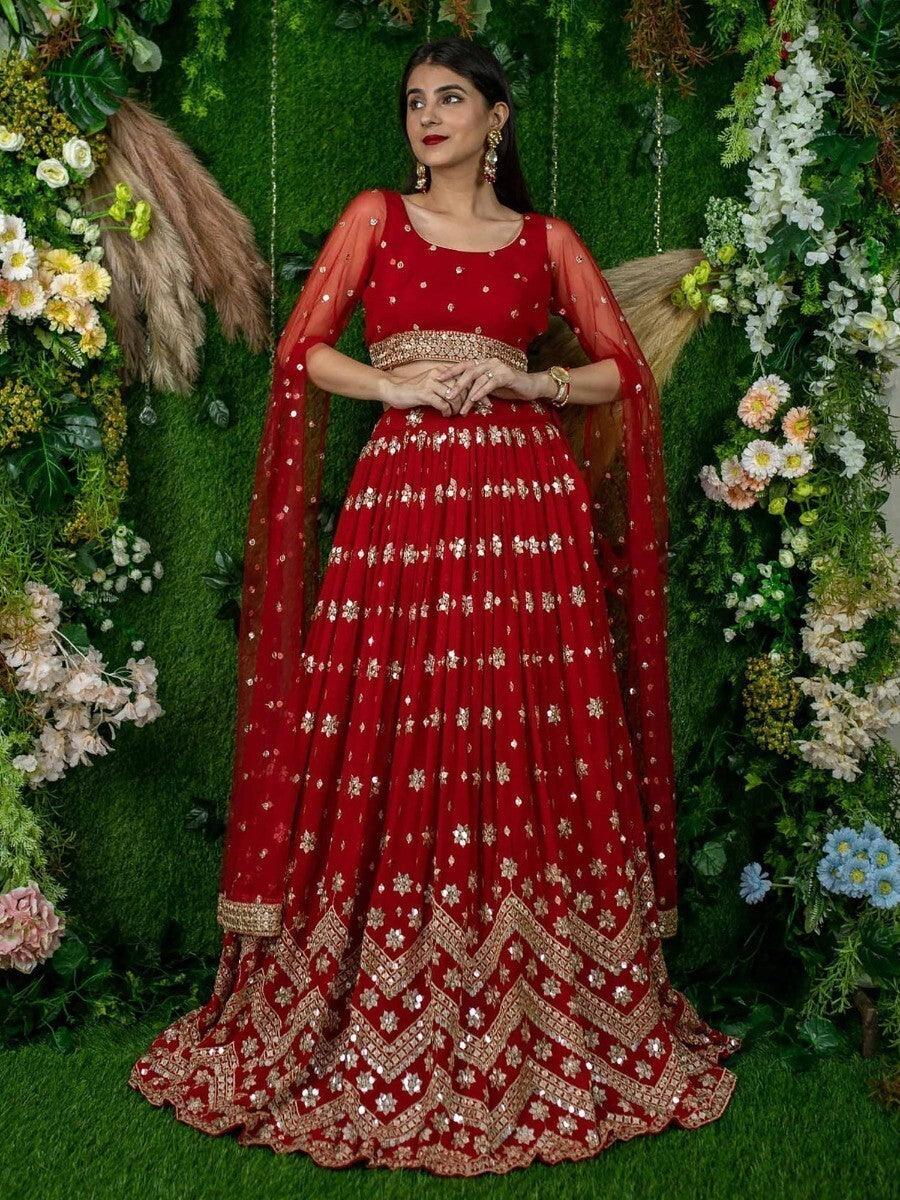 Elegant Red Lehenga Choli | Sequins & Georgette for Weddings and Engagements