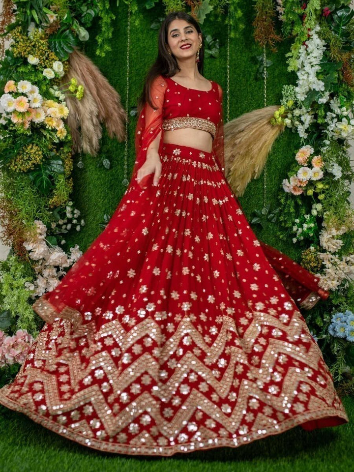 Elegant Red Lehenga Choli | Sequins & Georgette for Weddings and Engagements