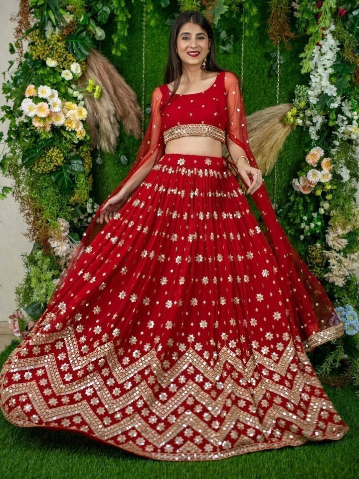 Elegant Red Lehenga Choli | Sequins & Georgette for Weddings and Engagements