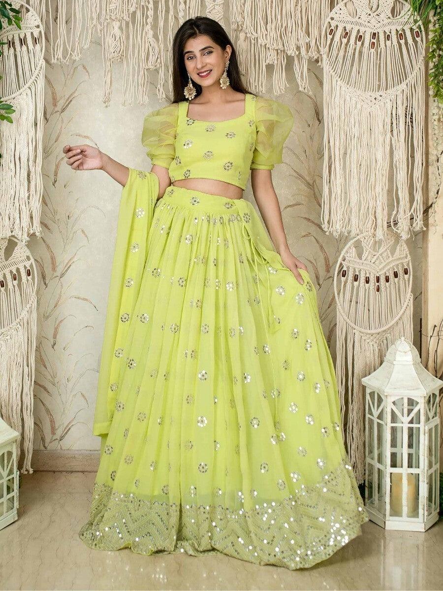 Graceful Lime Green Lehenga | Georgette Sequins & Dupatta for Engagements