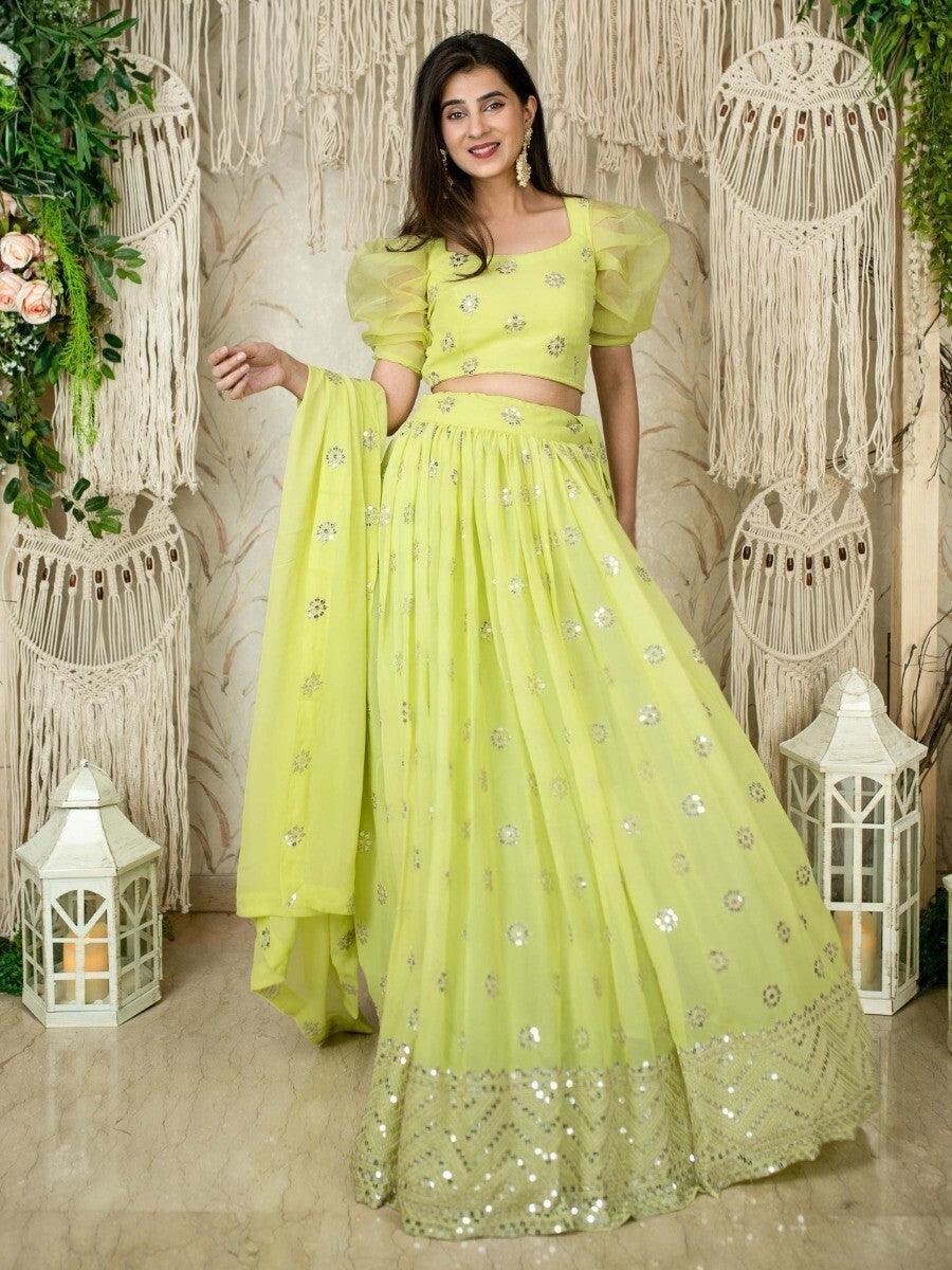 Graceful Lime Green Lehenga | Georgette Sequins & Dupatta for Engagements