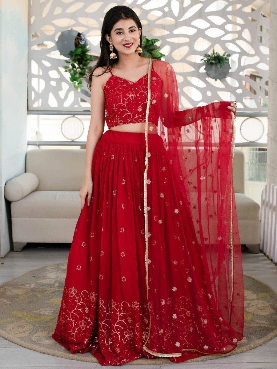 Gorgeous Red Sequin Georgette Lehenga Choli | Reception & Wedding Wear