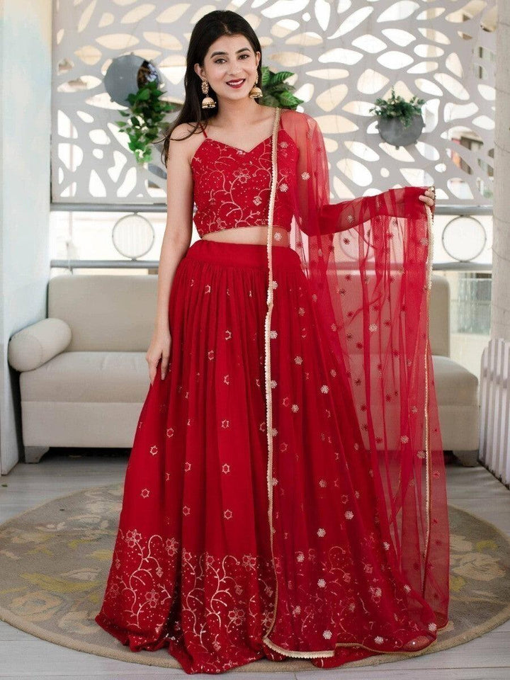 Gorgeous Red Sequin Georgette Lehenga Choli | Reception & Wedding Wear