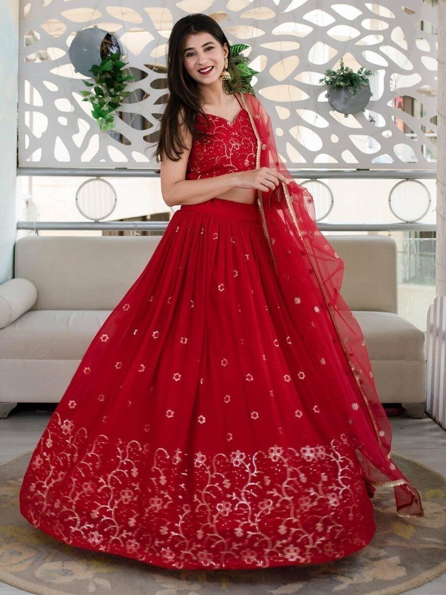 Gorgeous Red Sequin Georgette Lehenga Choli | Reception & Wedding Wear