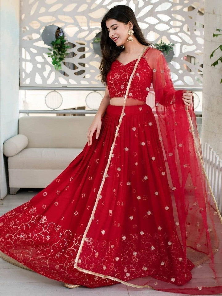 Gorgeous Red Sequin Georgette Lehenga Choli | Reception & Wedding Wear