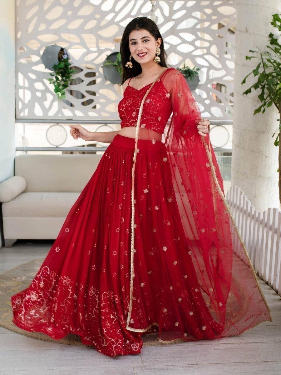 Gorgeous Red Sequin Georgette Lehenga Choli | Reception & Wedding Wear