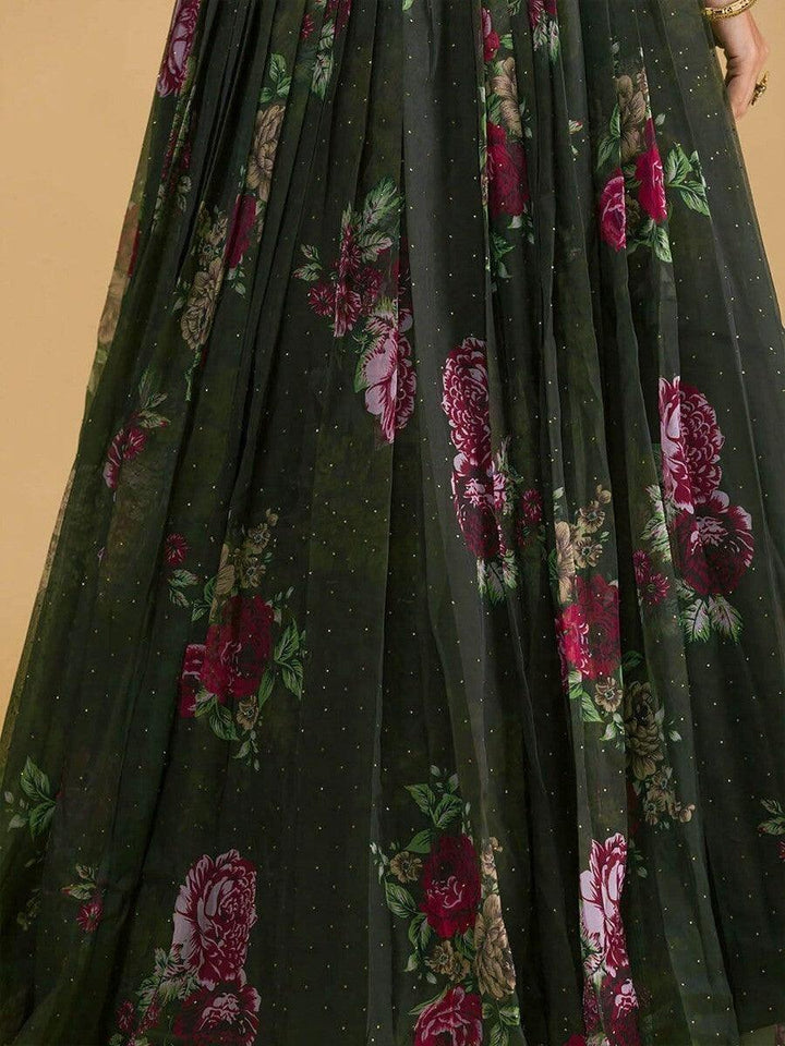 Dark Green Floral Print Organza Lehenga Choli | Reception & Wedding Wear