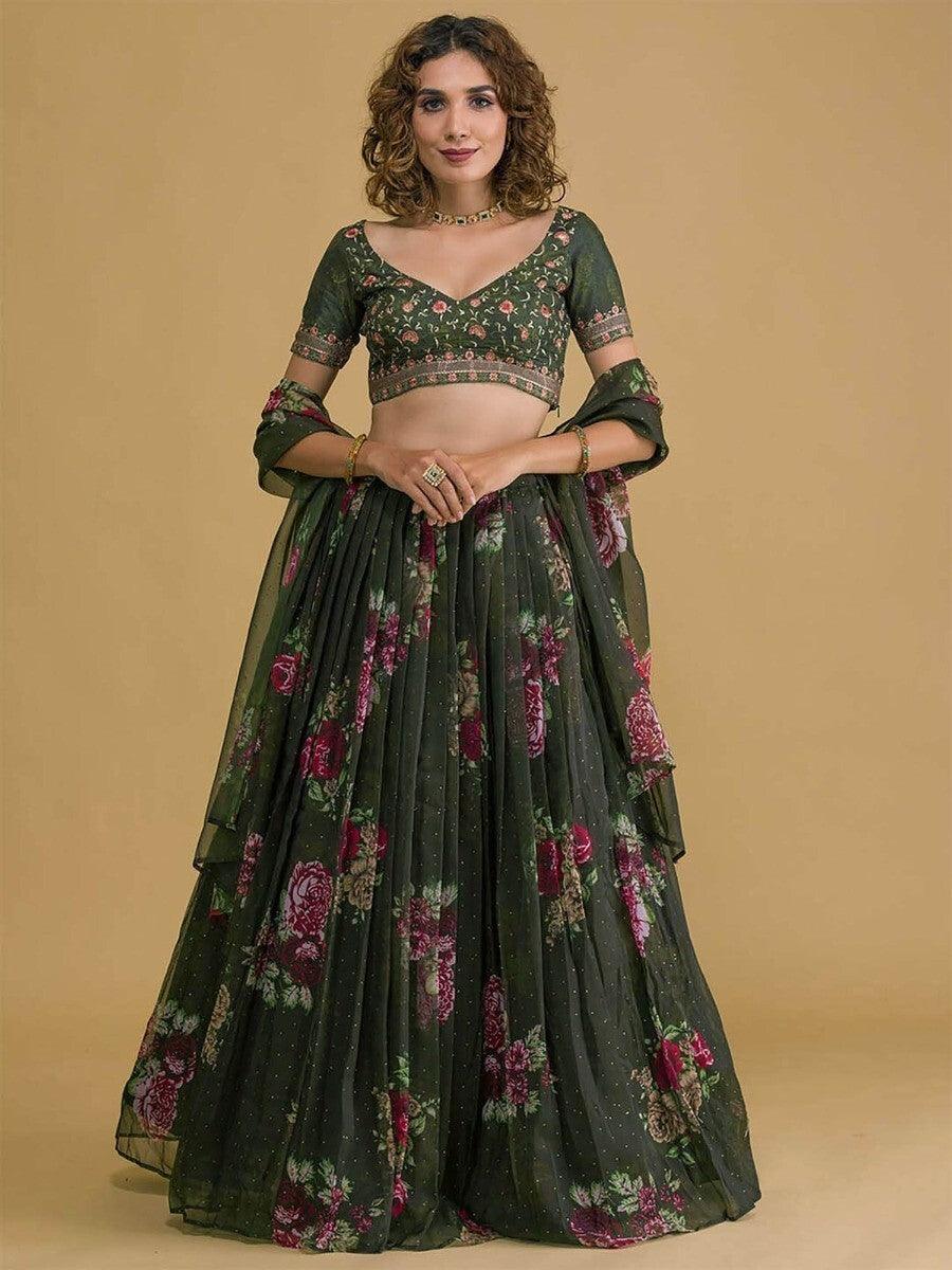 Dark Green Floral Print Organza Lehenga Choli | Reception & Wedding Wear