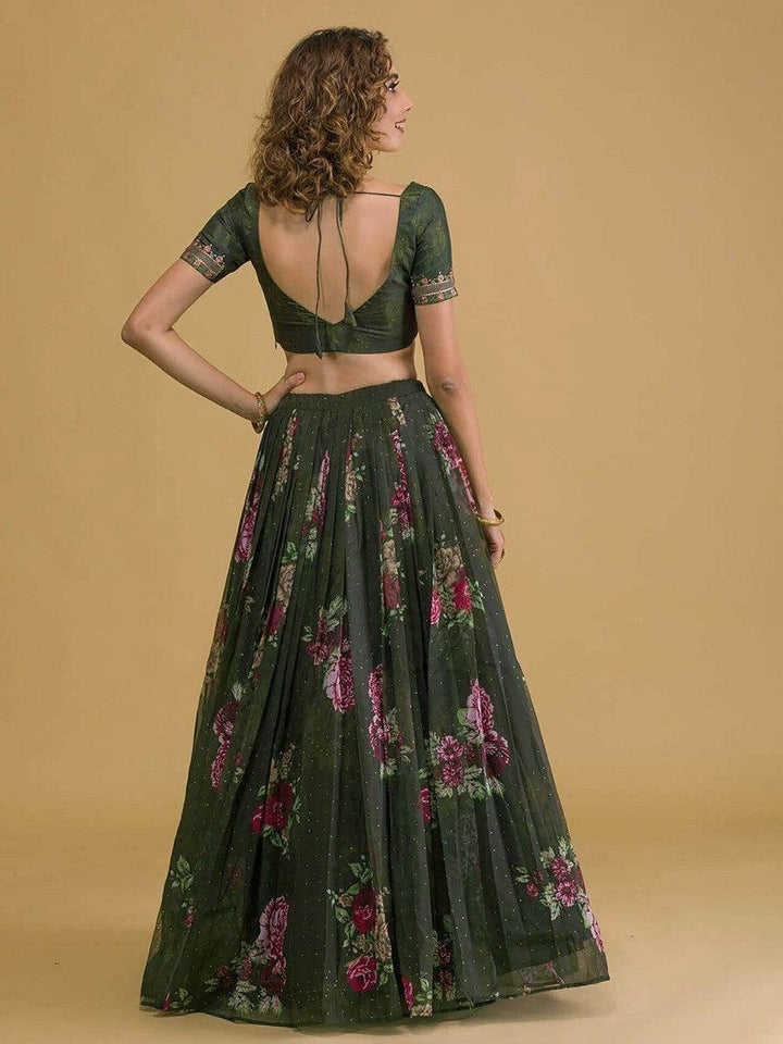 Dark Green Floral Print Organza Lehenga Choli | Reception & Wedding Wear