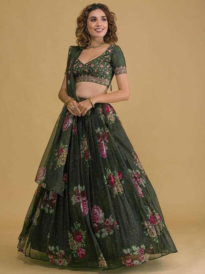 Dark Green Floral Print Organza Lehenga Choli | Reception & Wedding Wear