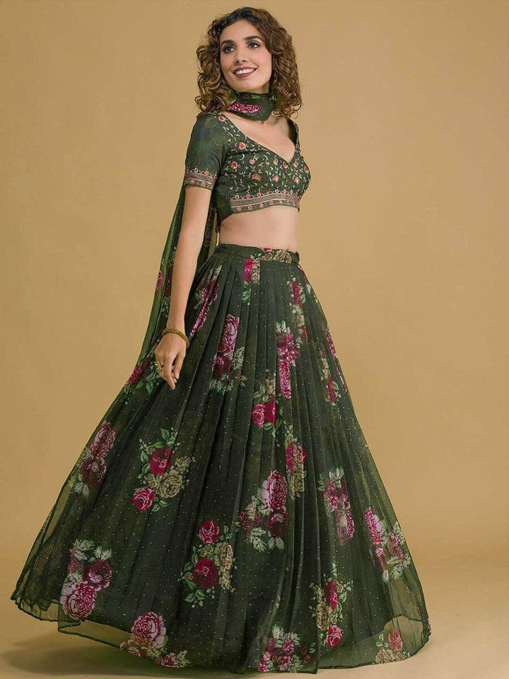 Dark Green Floral Print Organza Lehenga Choli | Reception & Wedding Wear