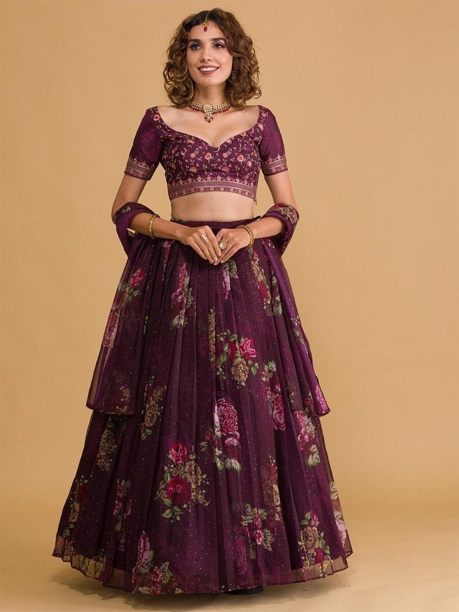 Beautiful Purple Floral Organza Lehenga Choli | Customizable for Special Occasions