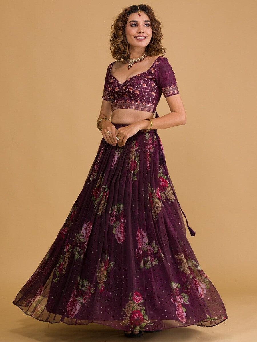 Beautiful Purple Floral Organza Lehenga Choli | Customizable for Special Occasions