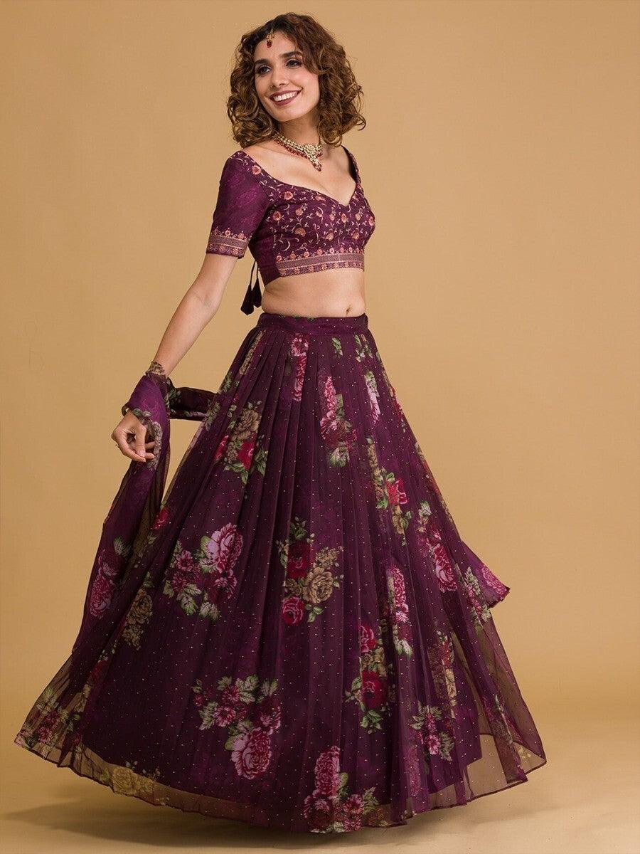 Beautiful Purple Floral Organza Lehenga Choli | Customizable for Special Occasions