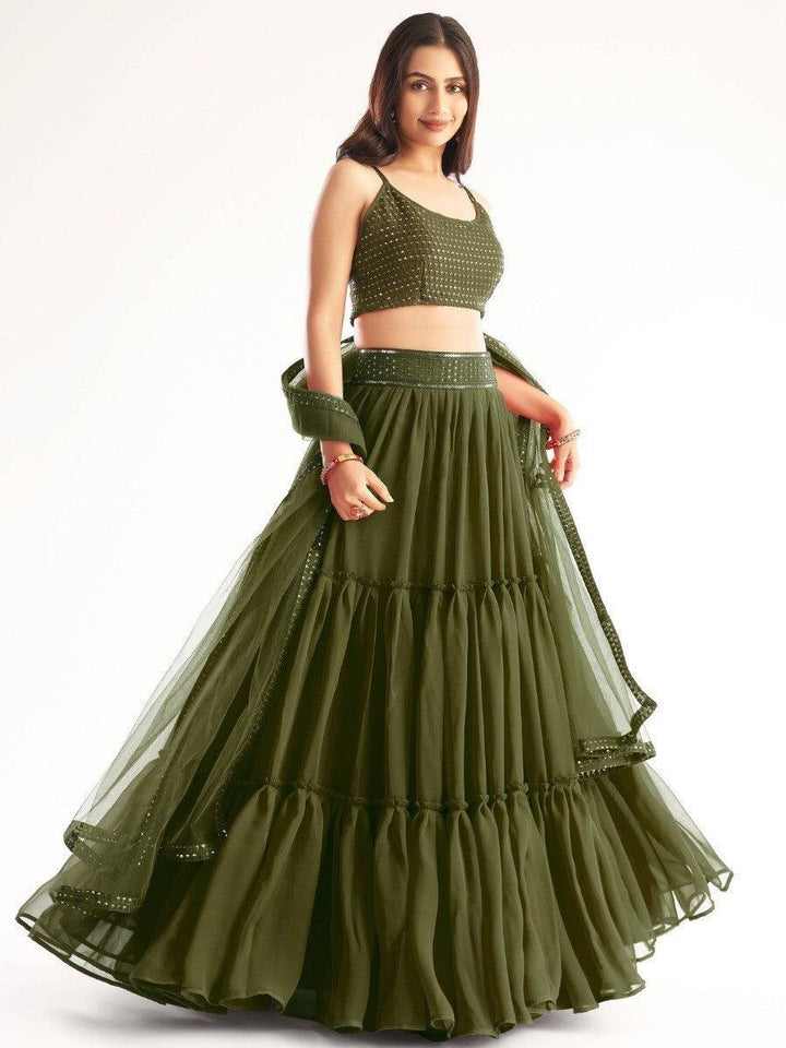 Designer Mehndi Green Lehenga Choli | Sequins Work Party Wear