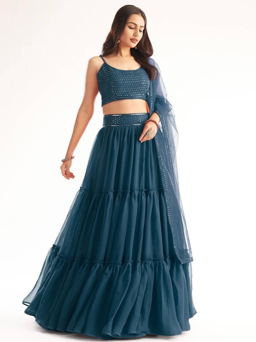 Eye-Catching Teal Blue Lehenga | Georgette with Sequin & Embroidery Work