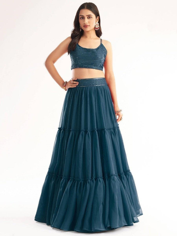 Eye-Catching Teal Blue Lehenga | Georgette with Sequin & Embroidery Work