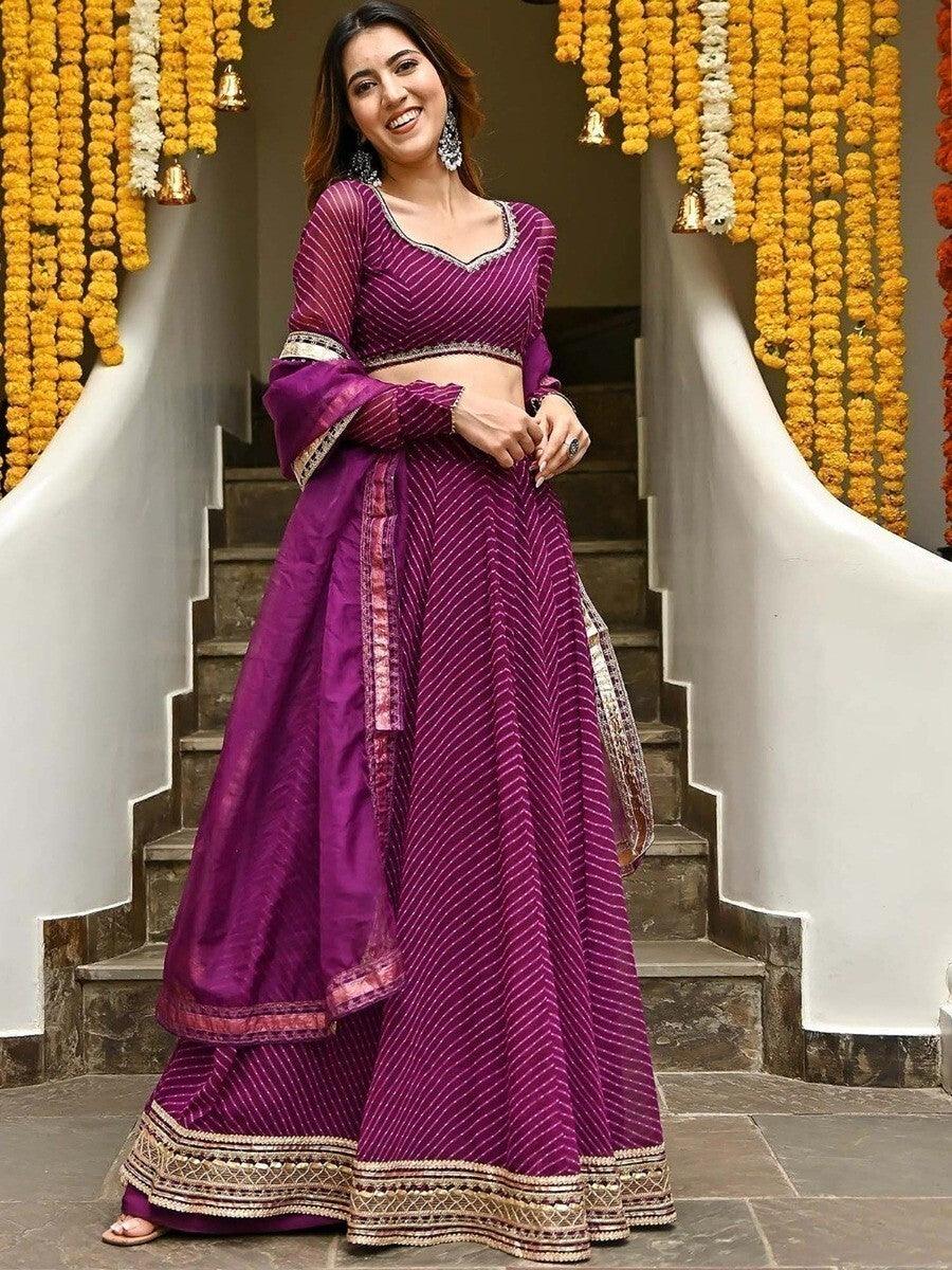 Stunning Purple Georgette Lehenga Choli | Leheriya Print & Lace Work