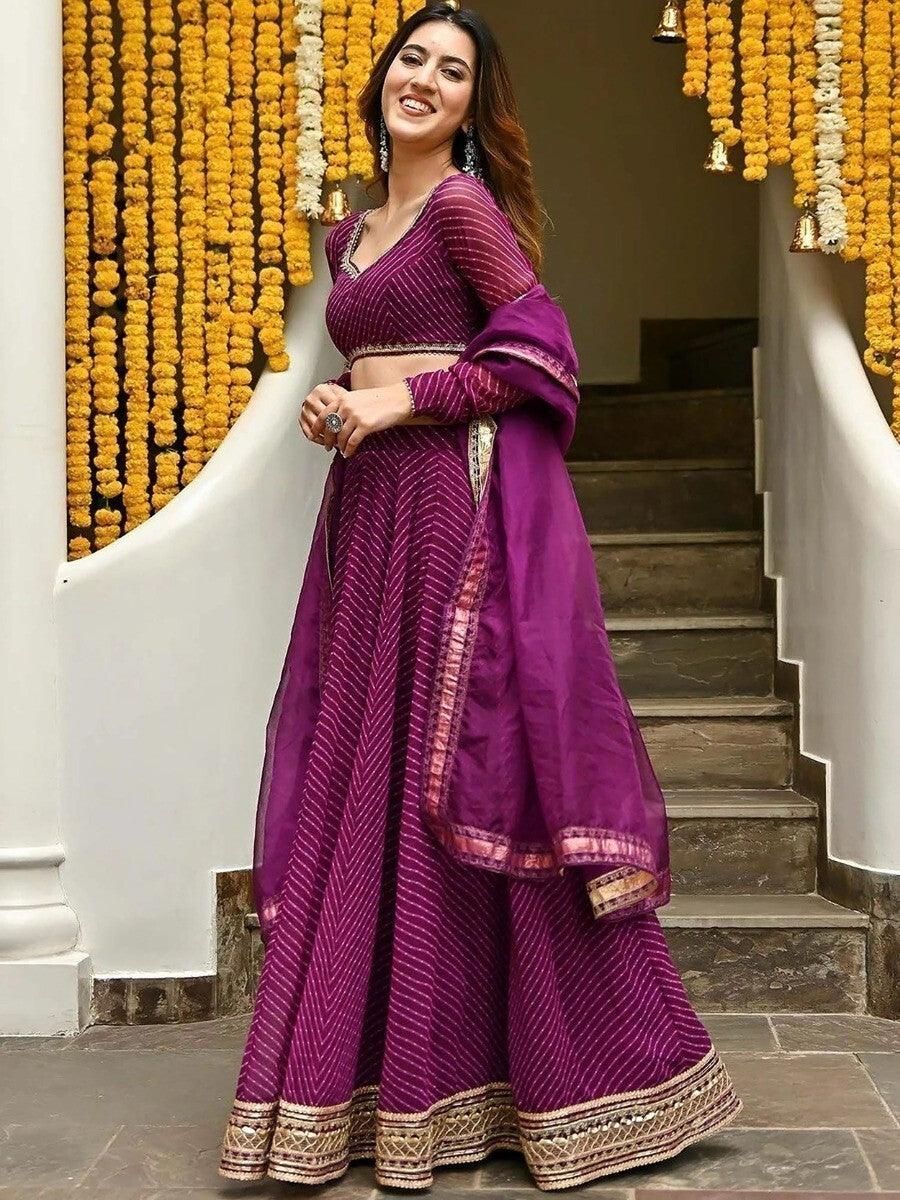 Stunning Purple Georgette Lehenga Choli | Leheriya Print & Lace Work