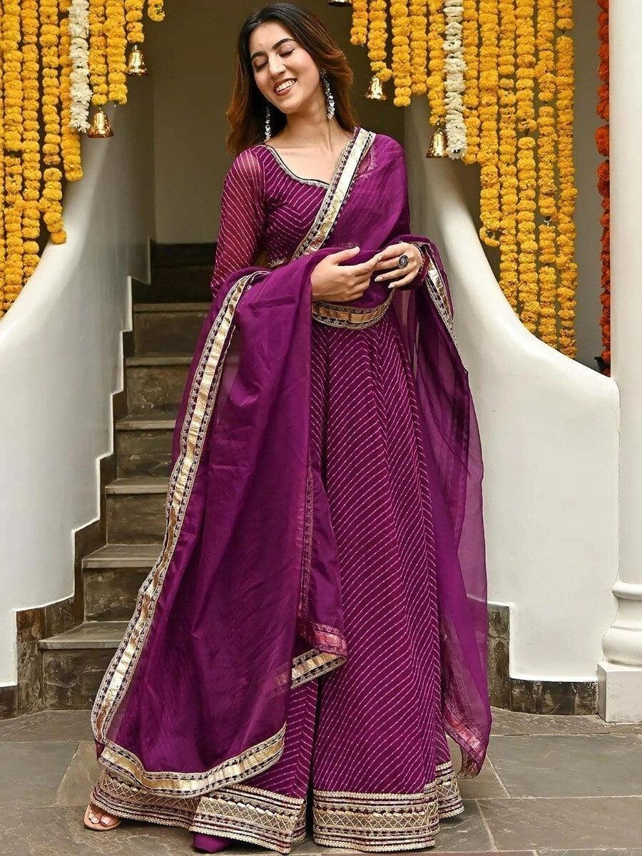 Stunning Purple Georgette Lehenga Choli | Leheriya Print & Lace Work