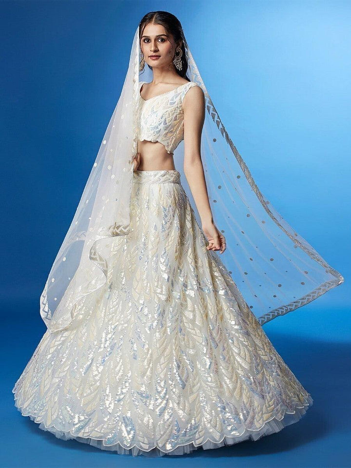 Elegant White Sequin Lehenga | Net Crop Top Lehenga with Dupatta