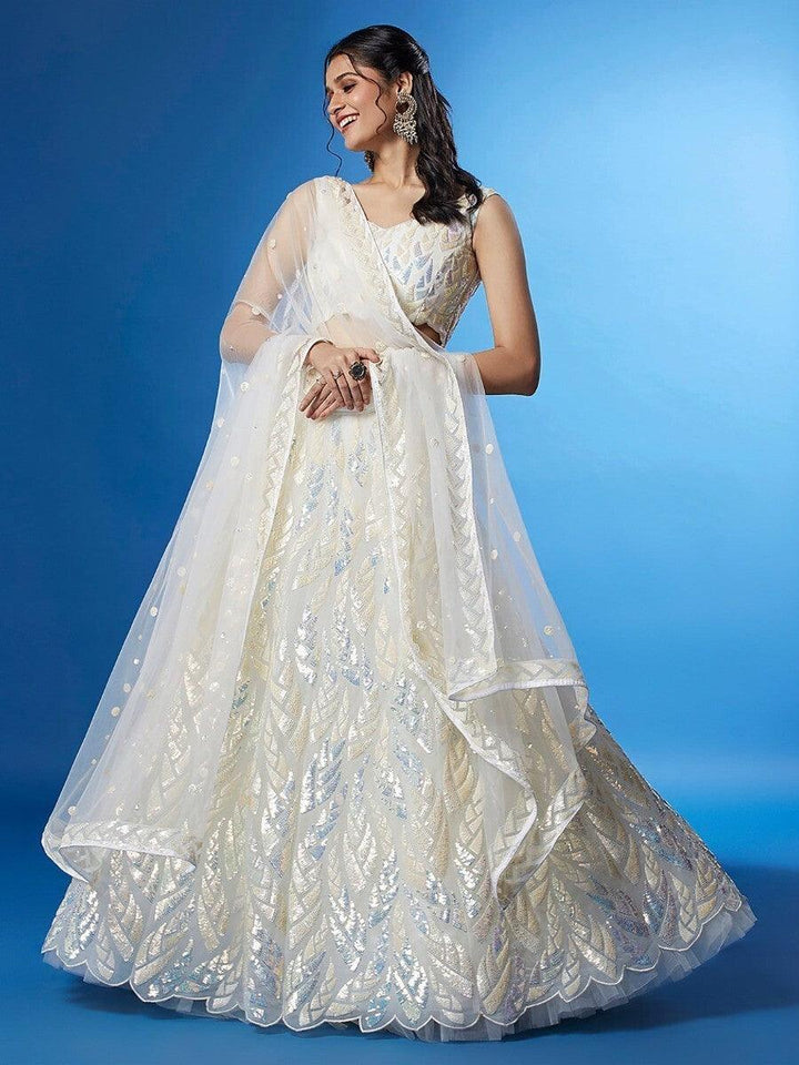 Elegant White Sequin Lehenga | Net Crop Top Lehenga with Dupatta