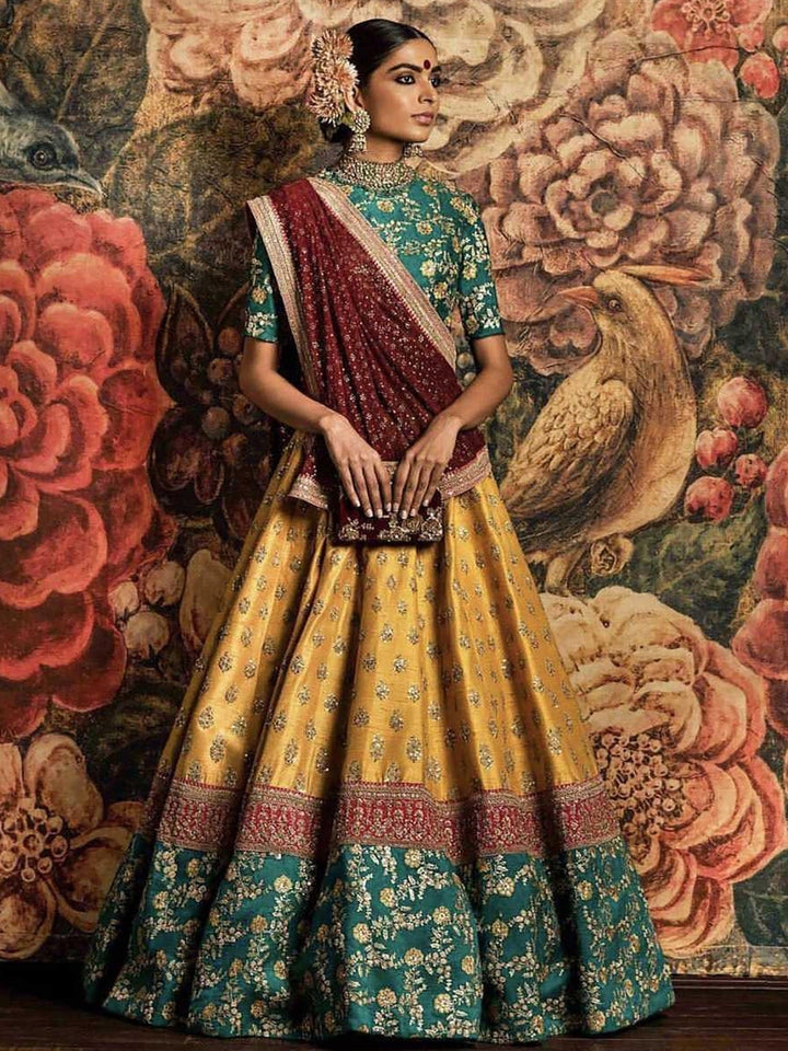 Teal Green Bridal Lehenga Choli | Yellow Embroidery with Art Silk Fabric