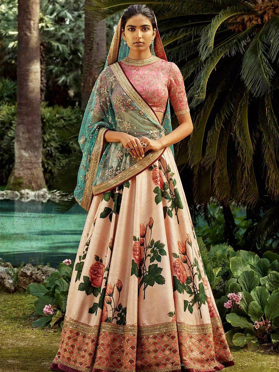 Silk Rose Floral Lehenga | Embroidered Choli with Sequins Dupatta