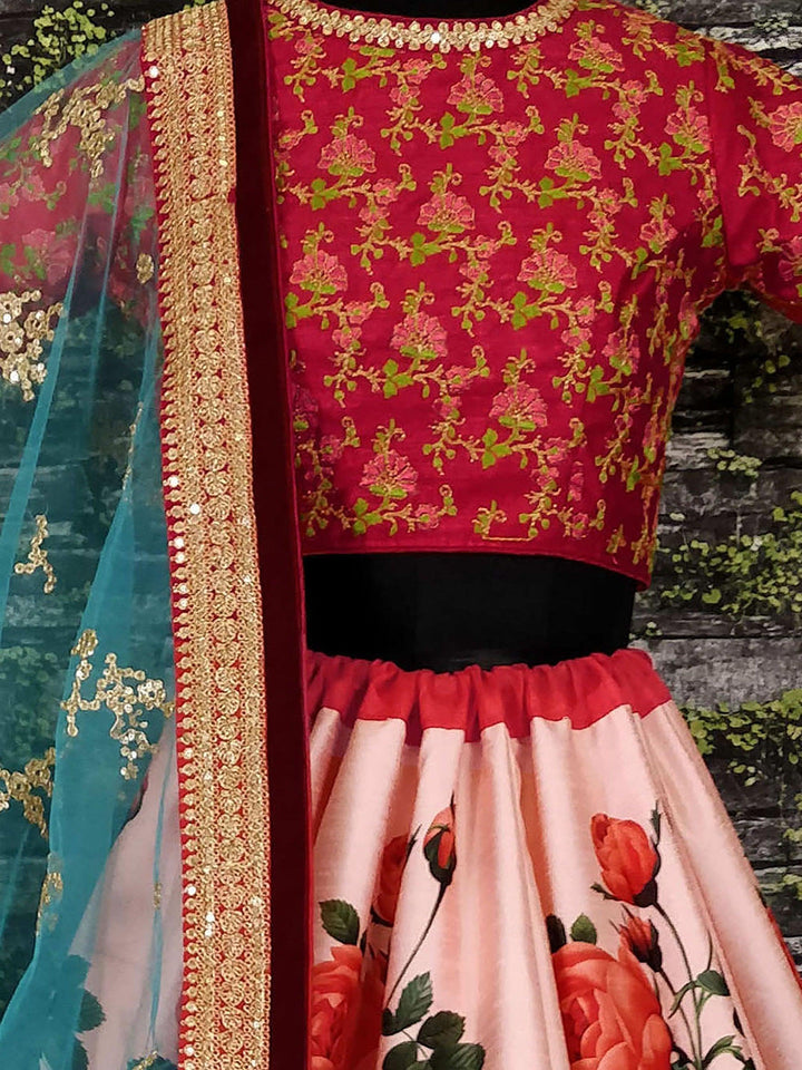 Silk Rose Floral Lehenga | Embroidered Choli with Sequins Dupatta