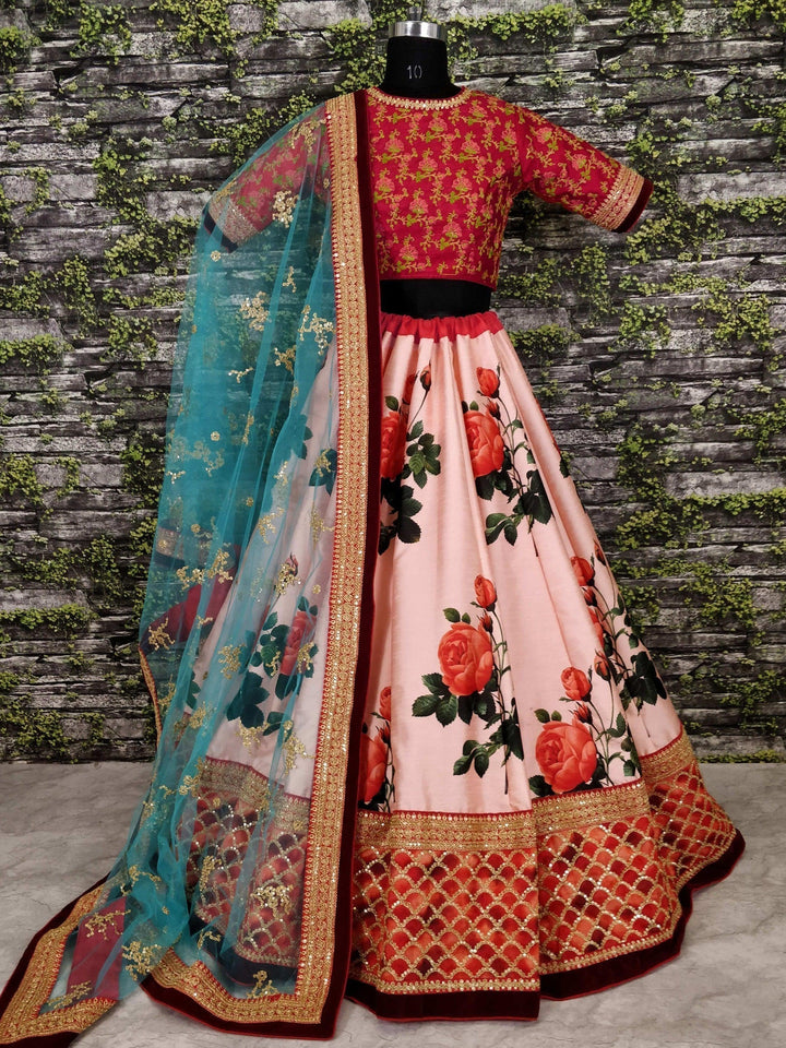 Silk Rose Floral Lehenga | Embroidered Choli with Sequins Dupatta