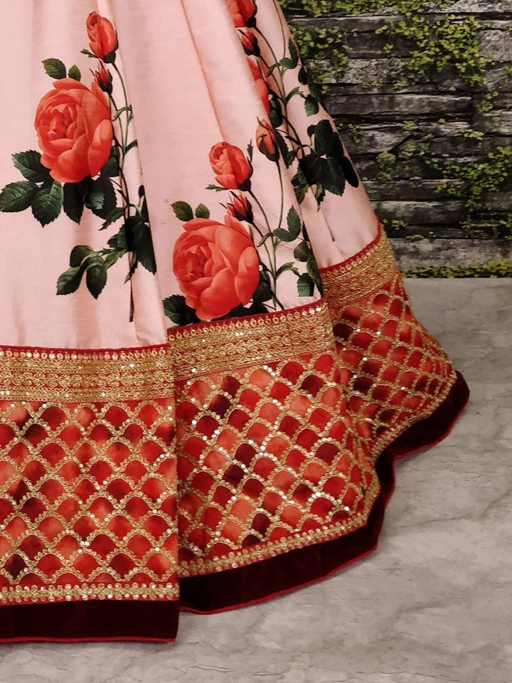 Silk Rose Floral Lehenga | Embroidered Choli with Sequins Dupatta