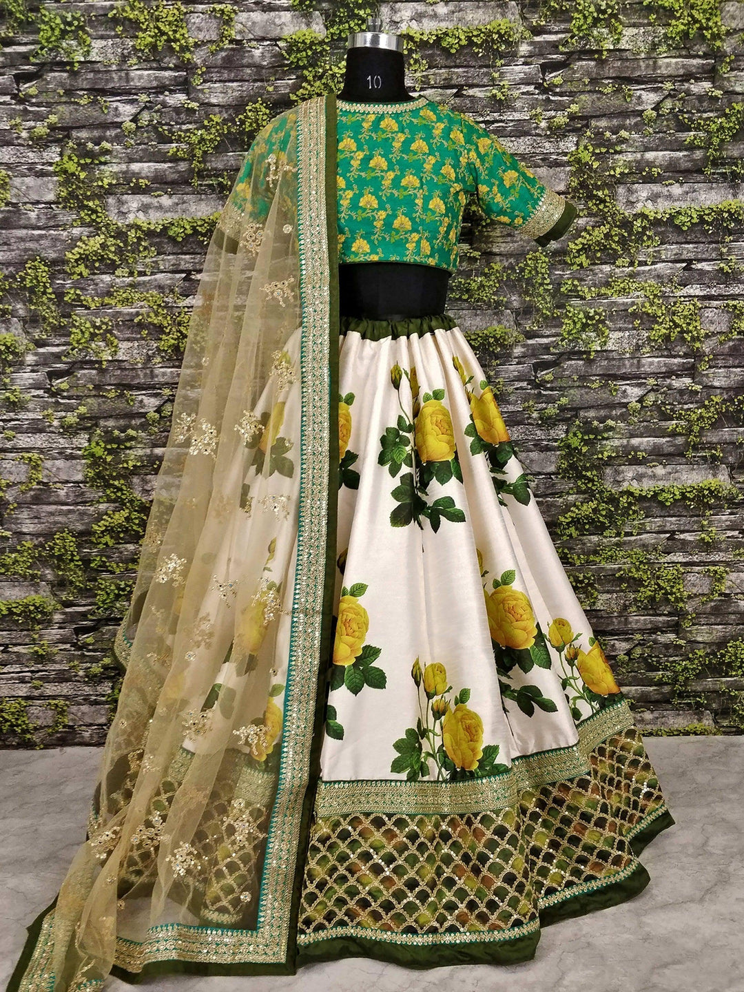 Stunning White Floral Lehenga | Green Embroidered Choli & Dupatta Set