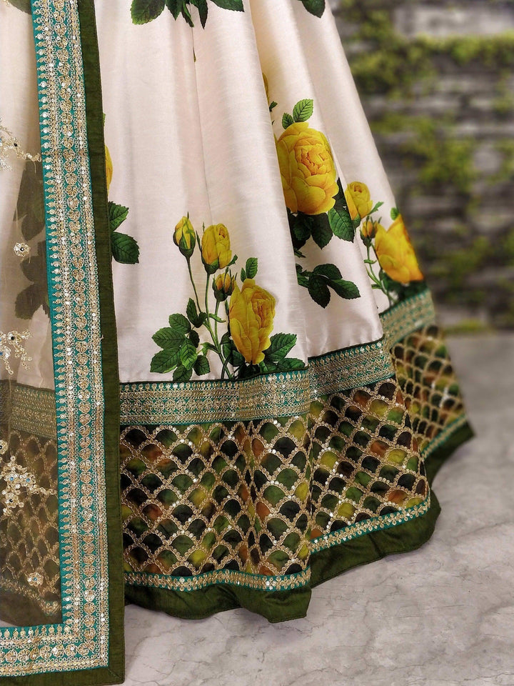 Stunning White Floral Lehenga | Green Embroidered Choli & Dupatta Set